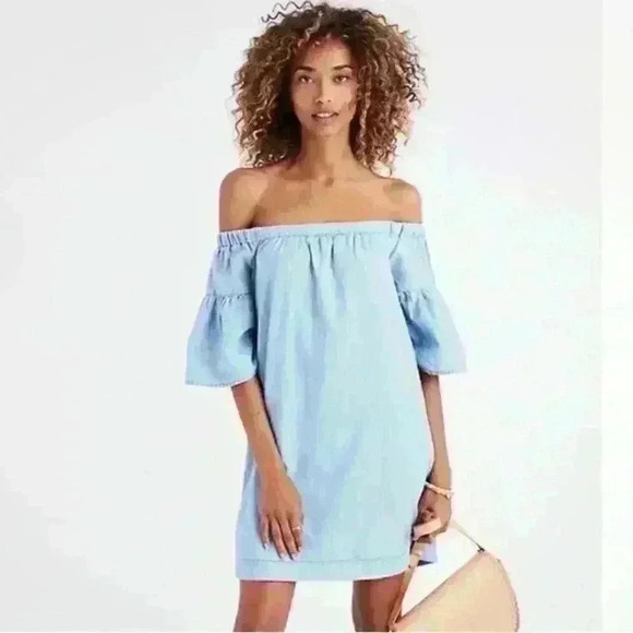 Madewell Denim Azalea Off-the-Shoulder Mini Dress Blue Bell Sleeve Size S - Picture 1 of 11